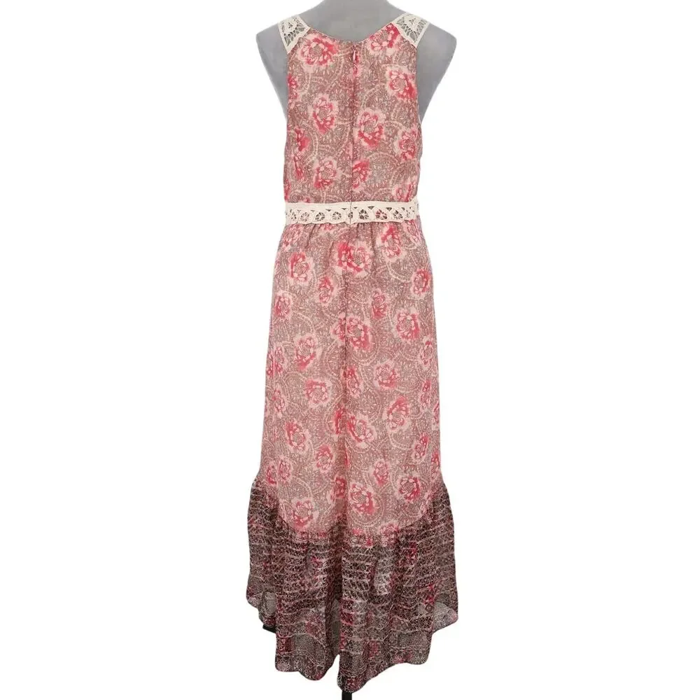 Free People Dress Womens 10 Maxi Ivory Red Pink Floral Lace Trim Lined Chiffon - Picture 2 of 13